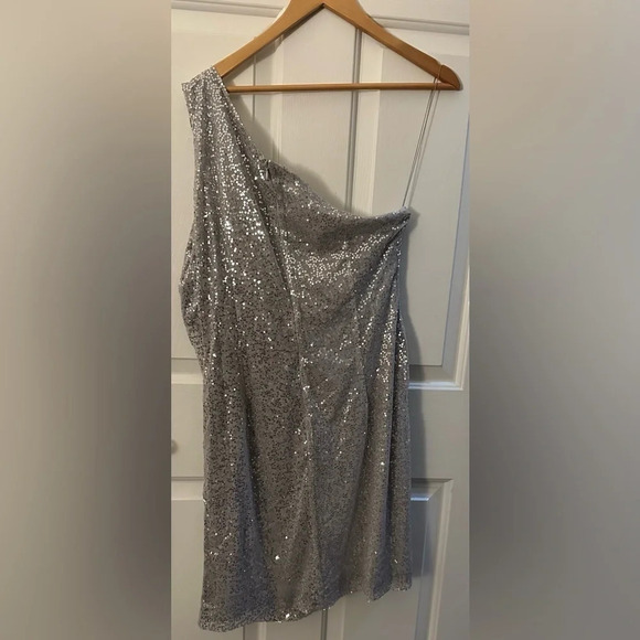 Silver Sequence Mini Dress One Shoulder size 14 - Picture 2 of 6
